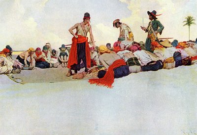 Reparto del tesoro entre los piratas reunidos en un círculo. Ilustración de “Libro de piratas Bucaneros y Cimarrones del Mar Caribe” de Howard Pyle (1853-1911), ilustrador estadounidense de Howard Pyle