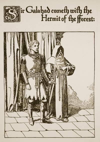Sir Galahad viene con el ermitaño del bosque, ilustración de 