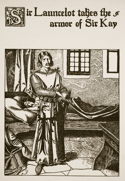 Sir Launcelot toma la armadura de Sir Kay, ilustración de 