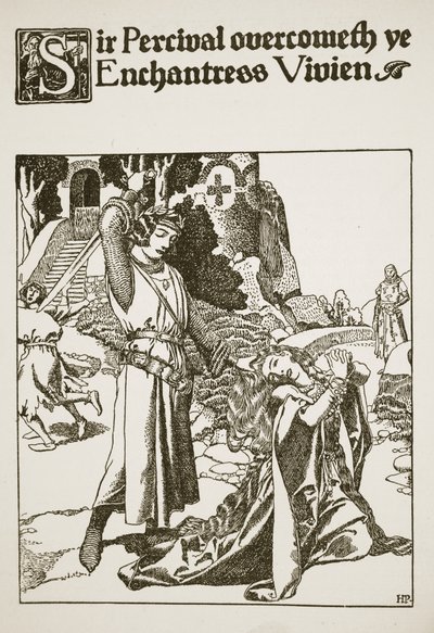 Sir Percival vence a la hechicera Vivien, ilustración de 