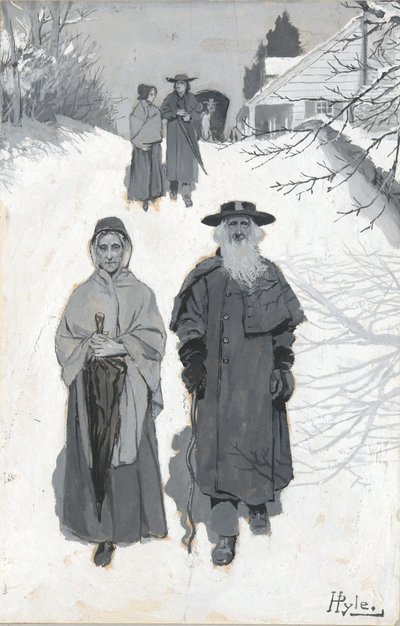 The Dunkers - Going to Meeting, dibujo de una ilustración publicada en Harper de Howard Pyle
