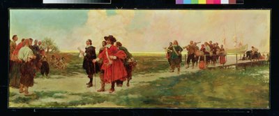 El desembarco de Carteret en Nueva Jersey (óleo sobre lienzo) de Howard Pyle