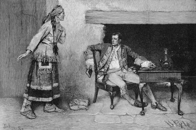La doncella Ojibway revelando el complot de Pontiac, grabado por John Tinkey, ilustración de 