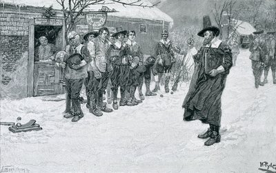 El gobernador puritano interrumpe los deportes navideños, grabado por J. Bernstrom, ilustración de 