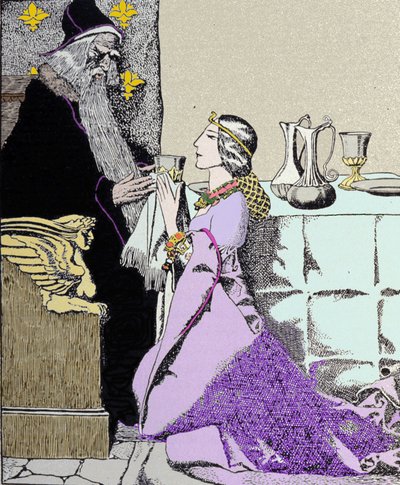 El hada Viviane cautiva a Merlín el Encantador. Ilustración de Howard Pyle (1853 - 1911), ilustrador estadounidense de Howard Pyle