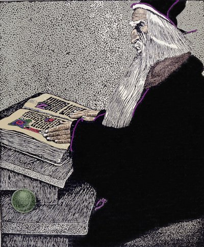 El mago Merlín. Ilustración de Howard Pyle (1853 - 1911), dibujante estadounidense, para “La historia del rey Arturo y sus caballeros” de Howard Pyle