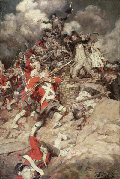 Subieron al parapeto y se dirigieron a la cima, Pell Mell, sobre los británicos, o La batalla de Yorktown, de "Janice Meredith" de Paul Leicester Ford (1865-1902), publicado en 1899 (óleo sobre lienzo) de Howard Pyle