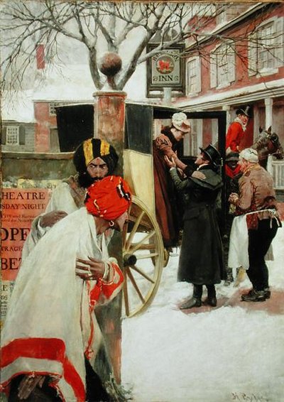 En la última etapa del viaje, se detuvieron a cenar en una taberna (o Los espías), de "El precio de la sangre" de Howard Pyle (óleo sobre lienzo) de Howard Pyle