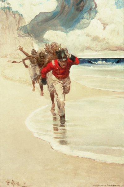 Comenzamos a correr de vuelta a la balsa para salvar nuestras vidas, de "Simbad en Burrator" de Arthur Quiller-Couch (1863-1944), publicado en Scribner