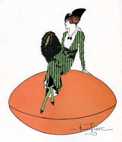 Ilustración vintage de una flapper sentada en un balón de fútbol gigante de Howard R. Cort