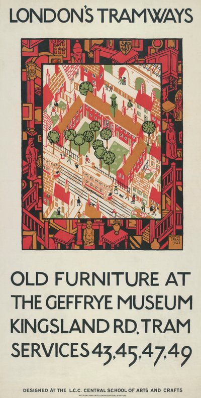 Muebles antiguos en el Museo Geffrye, cartel de tranvías del Consejo del Condado de Londres, 1924 de Howard Spear