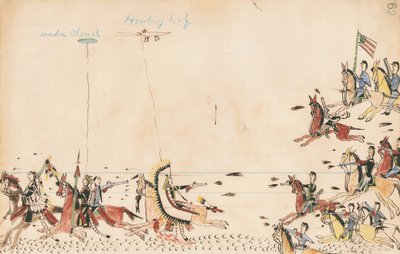 Bajo la nube y el lobo aullador luchan con el General Sully en 1868, 7ª Caballería cerca del Campamento Supply, 1874-75 de Howling Wolf