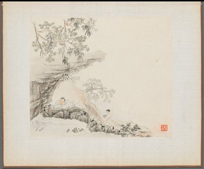 Album of Landscape Paintings Illustrating Old Poems:  A Man Lies under a Rocky Overhang; a Boy Stands to his Right de Hua Yan