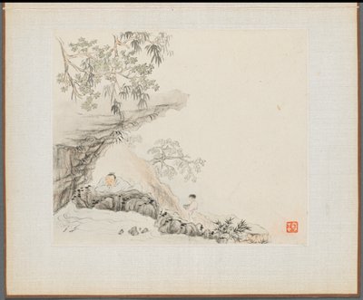 Álbum de pinturas de paisajes que ilustran viejos poemas: Un hombre yace bajo un saliente rocoso, 1700s de Hua Yan