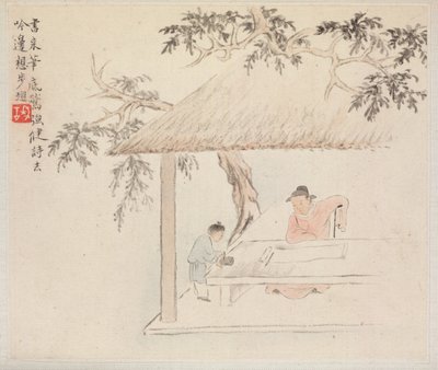 Album of Landscape Paintings Illustrating Old Poems: A Man Sits at a Table before an Open Scroll; a Boy Mixes Ink de Hua Yan