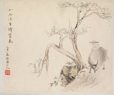Álbum de pinturas de paisajes que ilustran antiguos poemas: Un hombre sentado en un búfalo de agua, 1700s de Hua Yan