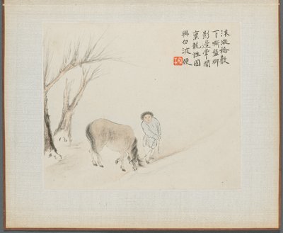 Álbum de pinturas de paisajes que ilustran viejos poemas: Un hombre y un caballo junto a un arroyo, 1700s de Hua Yan
