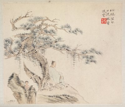 Álbum de pinturas de paisajes que ilustran viejos poemas: Un anciano se sienta bajo un pino..., 1700s de Hua Yan