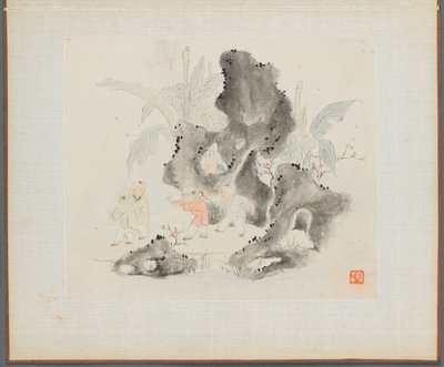 Álbum de pinturas de paisajes que ilustran viejos poemas: Niños jugando en un bosque rocoso de Hua Yan