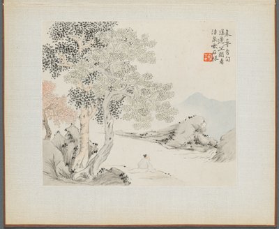 Álbum de Pinturas de Paisajes Ilustrando Viejos Poemas: Tres Grandes Árboles, un Arroyo..., 1700s de Hua Yan