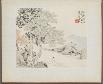 Album of Landscape Paintings Illustrating Old Poems:  Three Big Trees, a Stream with an Old Man Sitting on the Bank de Hua Yan