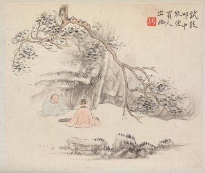 Álbum de Pinturas de Paisajes Ilustrando Viejos Poemas: Dos Figuras Afuera..., 1700s de Hua Yan