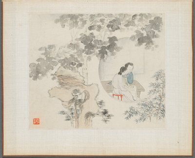 Álbum de pinturas de paisajes que ilustran viejos poemas: Dos mujeres sentadas en una mesa..., 1700s de Hua Yan