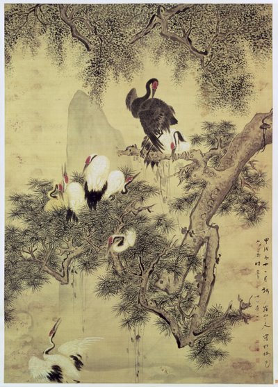 Ocho garzas de cresta roja en un pino, 1754 de Hua Yan