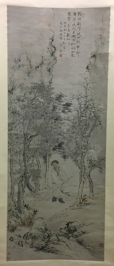 Hombre con bastón junto a un arroyo de Hua Yan