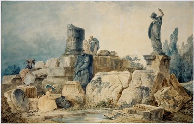 Dos jóvenes dibujan las ruinas de Roma, tres figuras vestidas con ropas antiguas las observan desde arriba ... de Hubert (circle of) Robert