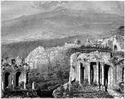 Monte Etna y una vista de Taormina, Sicilia, Italia, siglo XIX de Hubert Clerget