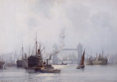 Tower Bridge from the Lower Pool, c.1925 (acuarela sobre papel) de Hubert Coop