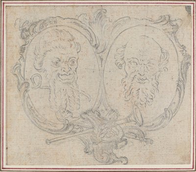 Cartucho Doble con Dos Cabezas y Símbolos de Fama y Locura de Hubert Francois Gravelot