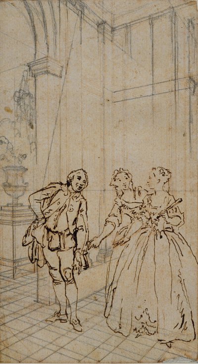 Ilustración literaria con caballero y dos damas en el interior de Hubert Francois Gravelot