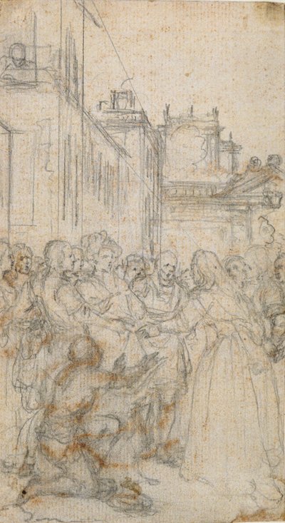 Ilustración literaria con grupo de figuras suplicando a un hombre de Hubert Francois Gravelot