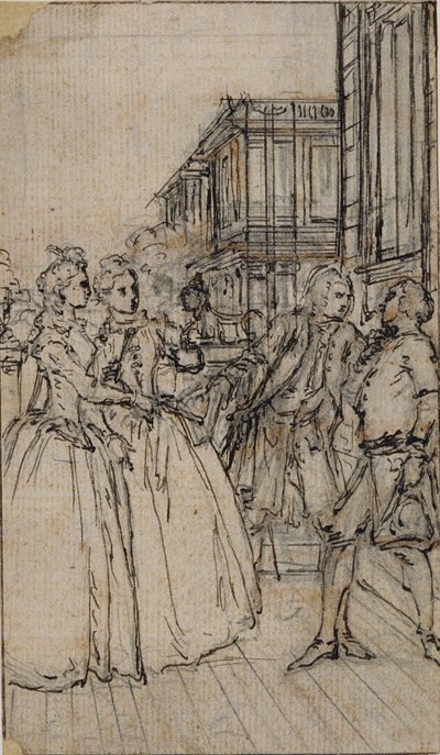 Ilustración literaria con dos damas y dos caballeros en una calle de Hubert Francois Gravelot