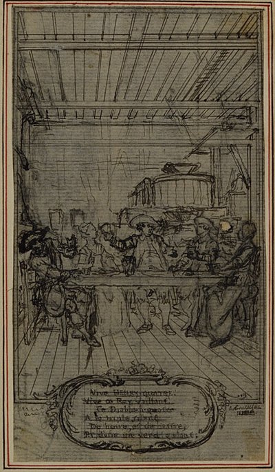 Estudio para viñeta-frontispicio de "La Partie de Chasse de Henri IV" de Colle, Acto III, ¡Vive Henry Quatre! de Hubert Francois Gravelot