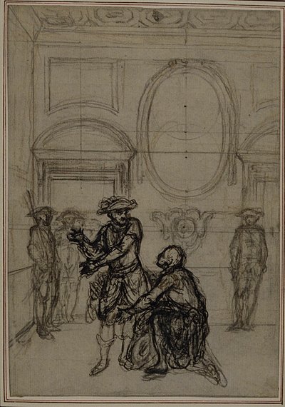 Estudio para una segunda edición, nunca publicada, de "La Partie de Chasse de Henri IV" de Colle, Acto I, Escena 6 de Hubert Francois Gravelot