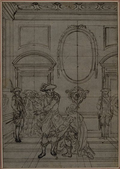 Estudio para una segunda edición, nunca publicada, de "La Partie de Chasse de Henri IV" de Colle, Acto I, Escena 6 de Hubert Francois Gravelot
