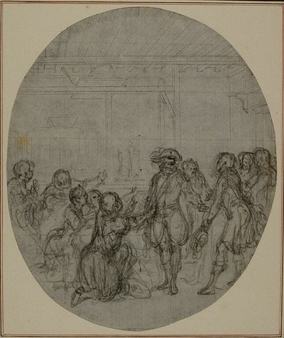 Estudio para una segunda edición, nunca publicada, de "La Partie de Chasse de Henri IV" de Colle, Acto III, Escena 13 de Hubert Francois Gravelot