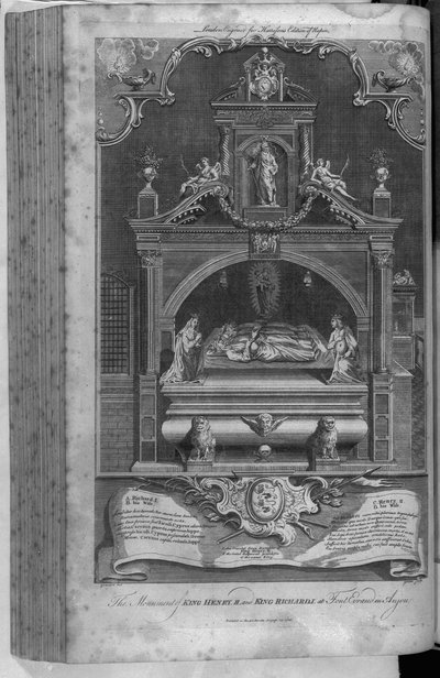 El monumento a Enrique II y Ricardo I en la Abadía de Fontevrault, grabado por John Goldar, 1786 de Hubert Francois Gravelot