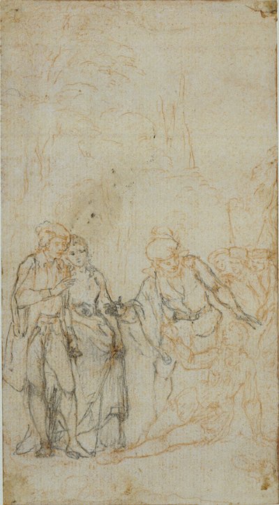 Ilustración literaria no identificada con un grupo de figuras rodeando una figura reclinada en el paisaje de Hubert Francois Gravelot