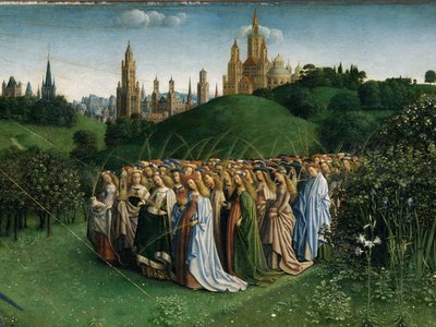 La Adoración del Cordero Místico, del Retablo de Gante, detalle de la mitad inferior del panel central de Hubert & Jan van (1390 1441) Eyck