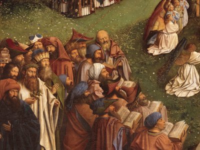 Detalle de la Adoración del Cordero Místico, de la tabla central del Retablo de Gante (óleo sobre tabla) de Hubert & Jan van (1390 1441) Eyck