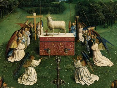 La Adoración del Cordero Místico, del Retablo de Gante, detalle de la mitad inferior del panel central de Hubert & Jan van (1390 1441) Eyck