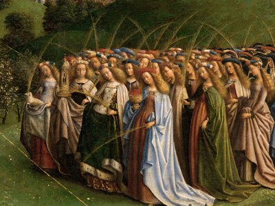 La Adoración del Cordero Místico, del Retablo de Gante, detalle de la mitad inferior del panel central de Hubert & Jan van (1390 1441) Eyck