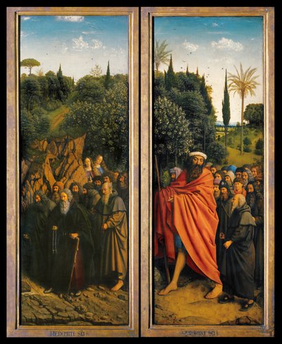 Los Ermitaños y Los Peregrinos guiados por San Cristóbal del lado derecho del Retablo de Gante de Hubert & Jan van (1390 1441) Eyck