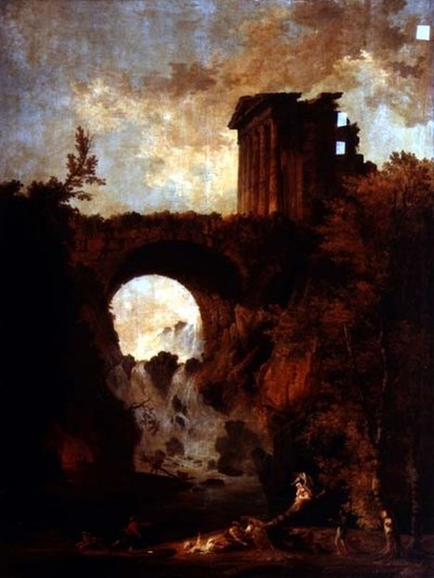 Un capricho de un templo en ruinas junto a un puente sobre una cascada con una fiesta de balancín de Hubert Robert