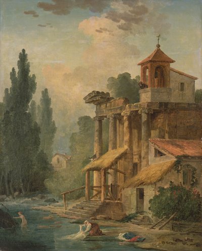 Un capricho con un ermitaño, 1796 de Hubert Robert