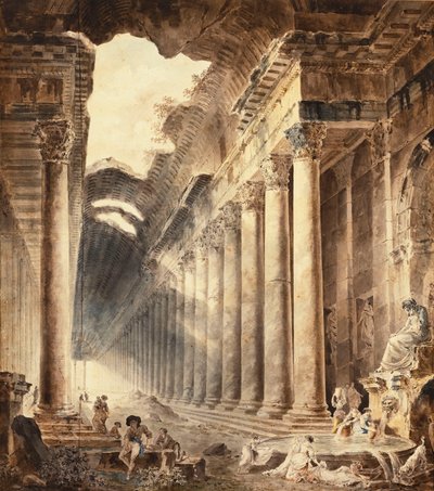 Un edificio termal con columnas, el techo parcialmente abierto al cielo, con niñas lavando ropa en una fuente debajo de una estatua de Hubert Robert